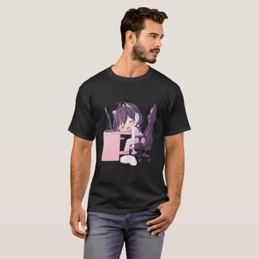 Kawaii Anime Girl Chibi Neko Catgirl Gamer Egirl T-Shirt (Vorne ganz)