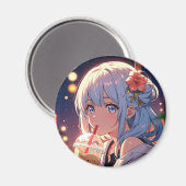 Kawaii Anime Girl Drinking Boba Magnet - Niedlich (Vorderseite/Rückseite)