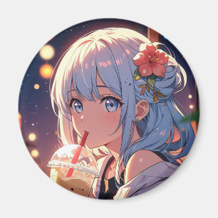 Kawaii Anime Girl Drinking Boba Magnet - Niedlich