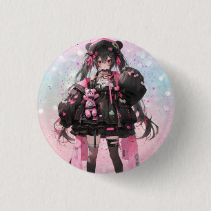 Kawaii Anime Girl in Rosa und Schwarz Button