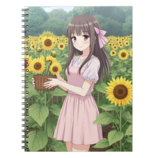 Kawaii Anime Girl in Sunflower Garden Notizblock