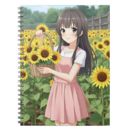 Kawaii Anime Girl in Sunflower Garden Notizblock