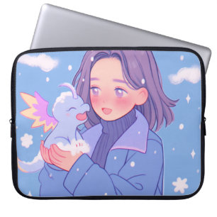 Kawaii Anime Girl mit Baby Dragon im Winterschnee Laptopschutzhülle