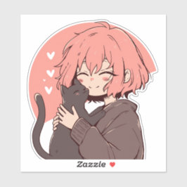 Kawaii Anime Girl mit schwarzer Katze auf rosa Hin Aufkleber