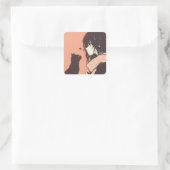 Kawaii Anime Girl mit schwarzer Katze Quadratischer Aufkleber (Tasche)