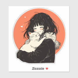 Kawaii Anime Girl mit weißer Katze Aufkleber