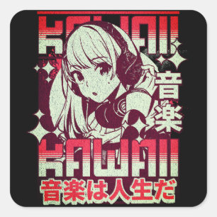 Kawaii Anime Girl Retro Music Quadratischer Aufkleber