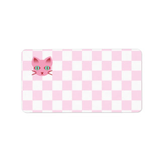 Kawaii Anime Kitty Cat Pink & White Checkerboard Adressaufkleber
