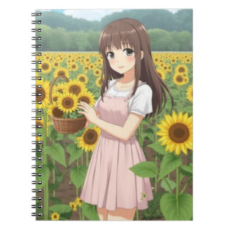Kawaii Anime-Mädchen im Sonnenblumengarten Notizblock