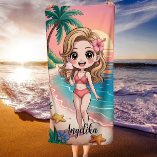 Kawaii Anime Mädchen Tropischer Sonnenuntergang St Strandtuch