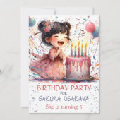 Kawaii Asian girl 5th Birthday cake candells name Einladung (Vorderseite)
