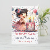 Kawaii Asian girl 5th Birthday cake candells name Einladung (Stehend Vorderseite)