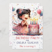 Kawaii Asian girl 5th Birthday cake candells name Einladung (Vorne/Hinten)