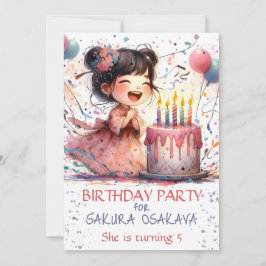 Kawaii Asian girl 5th Birthday cake candells name Einladung