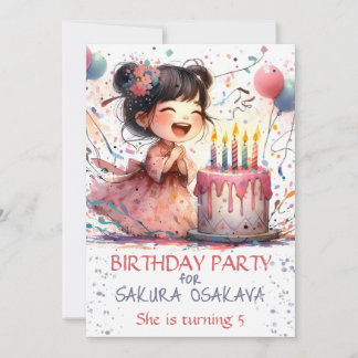 Kawaii Asian girl 5th Birthday cake candells name Einladung
