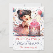 Kawaii Asian girl Birthday Floral cake personalisi Einladung (Vorderseite)