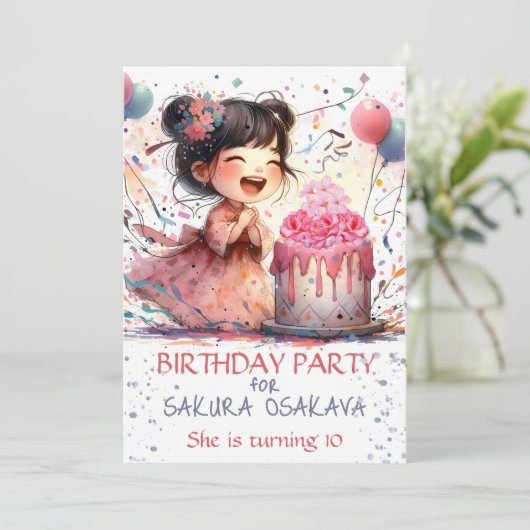 Kawaii Asian girl Birthday Floral cake personalisi Einladung (Stehend Vorderseite)