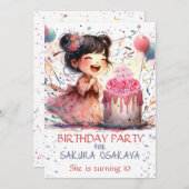Kawaii Asian girl Birthday Floral cake personalisi Einladung (Vorne/Hinten)