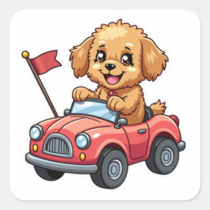 Kawaii Aufkleber Cavapoo in einem Spielzeugauto