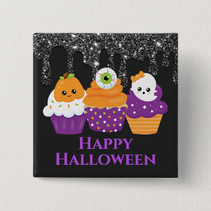 Kawaii Augapfel-Kürbis-Geist-Halloween-Cupcakes Button