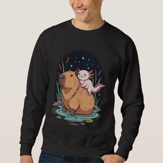 Kawaii Axolotl Riding Capybara Starry Nights Outdo Sweatshirt (Vorderseite)