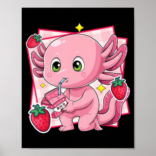 Kawaii Axolotl Strawberry Milk Japanisches Anime-G Poster (Vorne)