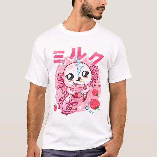 Kawaii Axolotl Strawberry Milk Shake Carton Japane T-Shirt (Vorderseite)