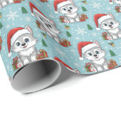 Kawaii Baby Wolf & Presents Teal Christmas Pattern Geschenkpapier (Rolleneckpunkt)