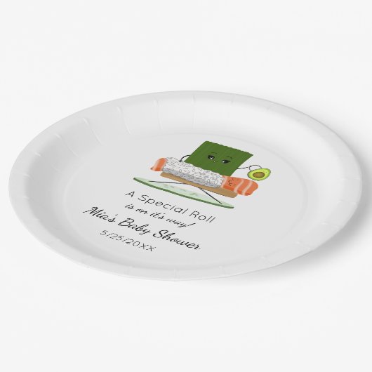 Kawaii Babydusche: Sushi und Salmon Roll Thema Pappteller (Schrägansicht)