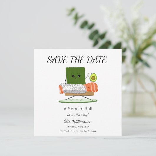Kawaii Babydusche: Sushi und Salmon Roll Thema Save The Date (Stehend Vorderseite)