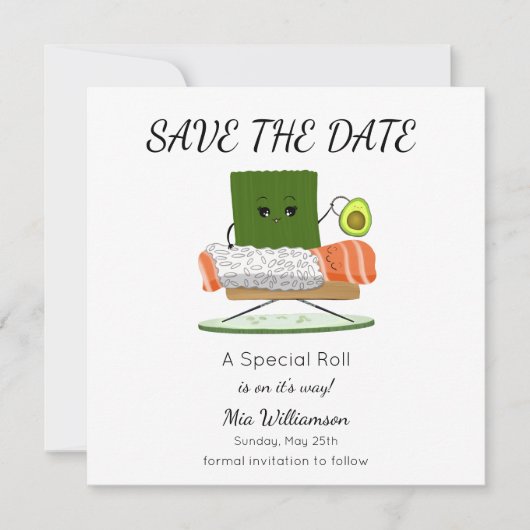 Kawaii Babydusche: Sushi und Salmon Roll Thema Save The Date (Vorderseite)