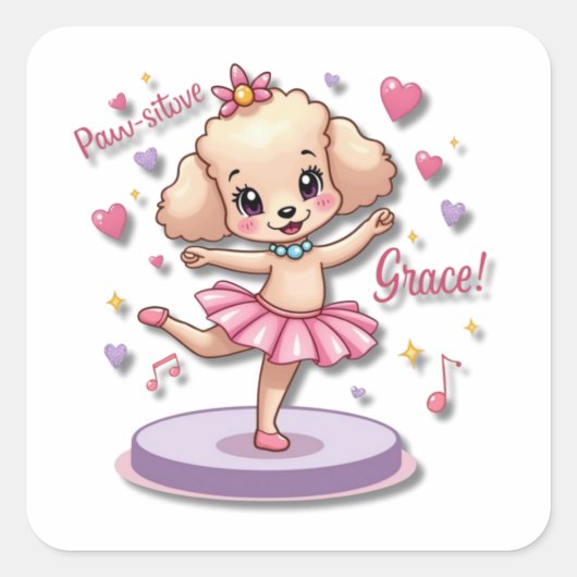 Kawaii Ballet Poodle mit einem kühnen Tutu Quadratischer Aufkleber (Vorderseite)