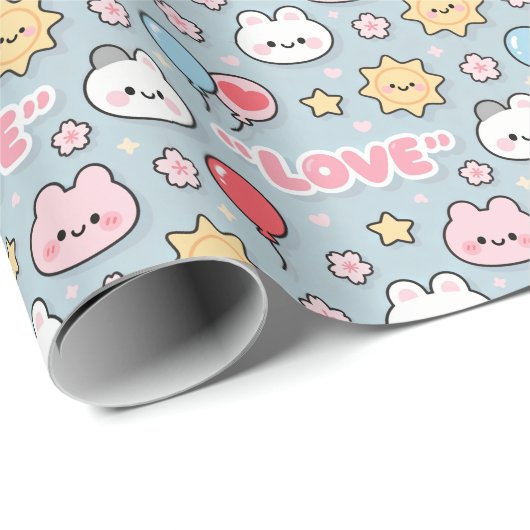 Kawaii Balloons Bunny Cherry Blossoms Pattern Geschenkpapier (Rolleneckpunkt)