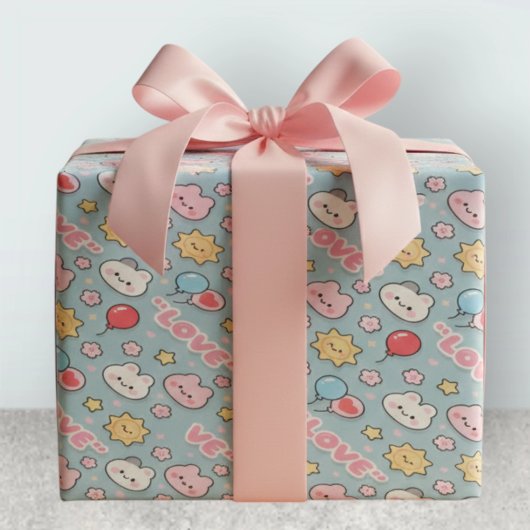 Kawaii Balloons Bunny Cherry Blossoms Pattern Geschenkpapier