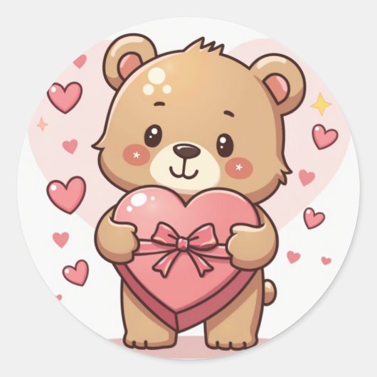 Kawaii Bär mit Herz-Schokolade Box Runder Aufkleber (Vorderseite)