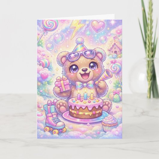 Kawaii Bear Birthday Pastel Rainbow Roller Skate Karte (Vorderseite)