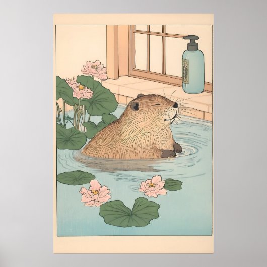 Kawaii Beaver Ukiyo-e Print Funny Bathroom Japandi Poster (Vorne)