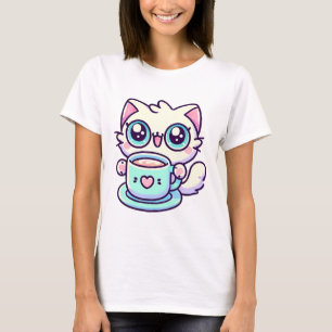 Kawaii Big-Mit Augen Cat mit Teacup Niedlich T-Shirt
