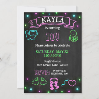 Kawaii Birthday Chalkboard Neon Party Einladung