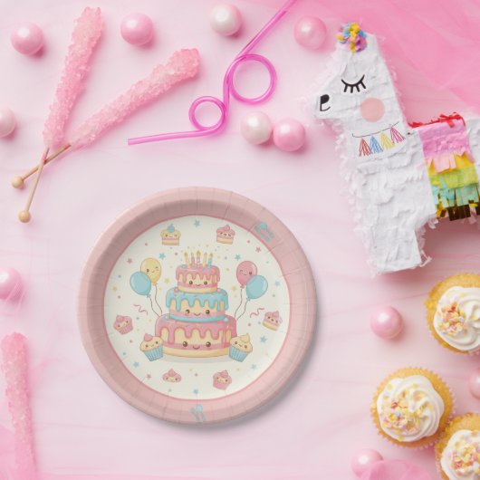 Kawaii Birthday - Cute Cake and Cupcakes Pappteller (Party)