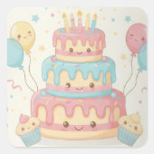 Kawaii Birthday - Cute Cake and Cupcakes Quadratischer Aufkleber (Vorderseite)