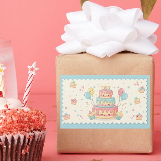 Kawaii Birthday - Cute Cake and Cupcakes Rechteckiger Aufkleber (Party)