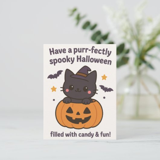 Kawaii Black Cat Halloween Grußkarte Postkarte (Stehend Vorderseite)