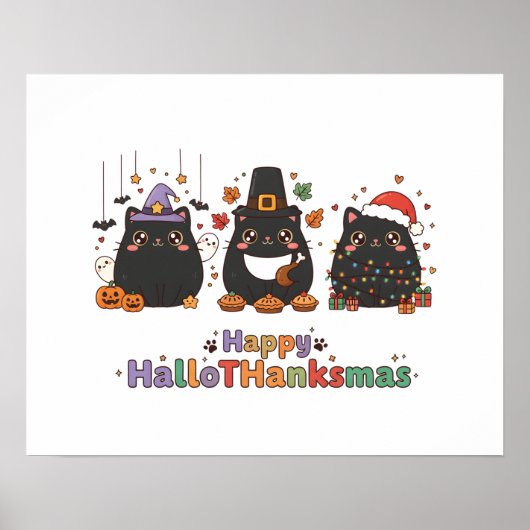 Kawaii Black Cats Happy HalloThanksmas  Poster (Vorne)