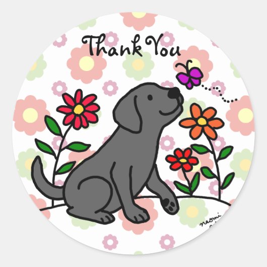 Kawaii Black Labrador Cartoon Floral Runder Aufkleber (Vorderseite)