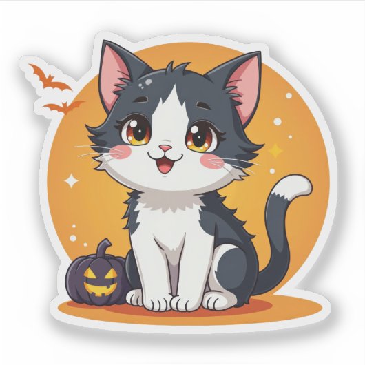 Kawaii Black & White Kitten - Halloween Chibi Aufkleber (Vorderseite)