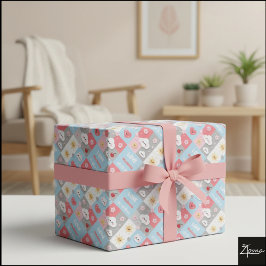 Kawaii Blossom Bunny Grid Pattern Frame Geschenkpapier