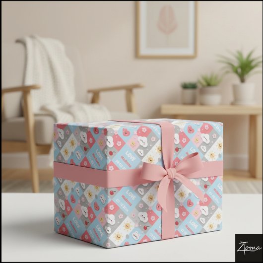 Kawaii Blossom Bunny Grid Pattern Frame Geschenkpapier