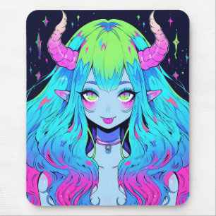 Kawaii Blue, Pink und Green Anime Girl Demon Mousepad