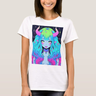 Kawaii Blue, Pink und Green Anime Girl Demon T-Shirt